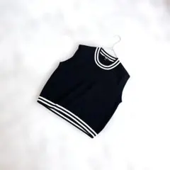 A3565【ユニクロ】白ライン入りリブニットベスト/ネイビー/レディースM/紺色