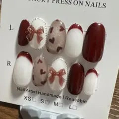 ハンドメイドネイルチップ ボルドーネイル リボンネイル バレンタインネイル