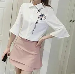 【美品】白 シフォン シャツ ホーン袖 刺繍 ブラウス ピンク M