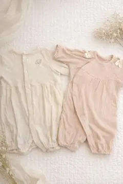 バースデイ ベージュ リブ編みロンパース カバーオール 2点セット