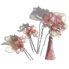 桜のかんざしセット【チェリーピンク×ゴールドグラデ葉・ゴールドワイヤー】