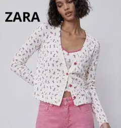ZARA 花柄ニットカーディガン【M】　しっかり素材 ピンクボタン　アイボリー
