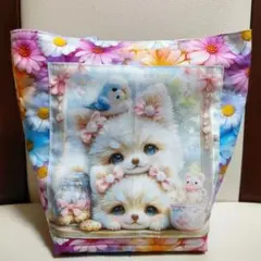 花柄子犬イラストミニ トートバッグ