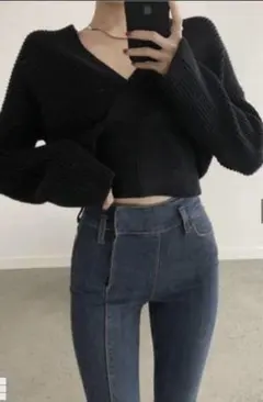 グレイル　カシュクールボリュームスリーブショート丈ニットトップス