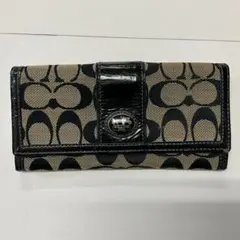 コーチ シグネチャー 長財布 二つ折り ブラック 黒 キャンバス エナメル 込