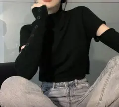 SHEIN　ハイネック ニットセーター ボタン付き　ブラック　Sサイズ