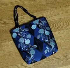 ハンドメイド　帯地トートバッグ　薔薇　ラメネイビー