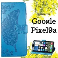 Google Pixel9a 手帳型 ケース 蝶 レザー グーグル ブルー