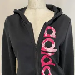 adidas ジップパーカー ジュニア160 黒×ピンク ロゴ