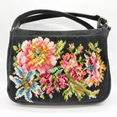 FILLER フェイラー シェニール織 花柄刺繍 ショルダーバッグ ポーチ 黒