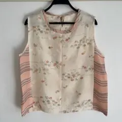 古着着物リメイク　花柄淡いピンク色ノースリーブブラウス　後ろリボン　シミ有