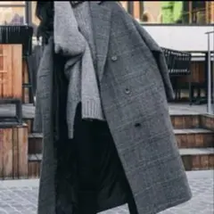 グレー チェック柄 ダブルブレスト ロングコート新品タグ付き