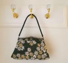 ビーズ刺繍 総手縫い 花柄 ハンドバッグ　ビーズバッグ 緑系　昭和レトロ　がま口
