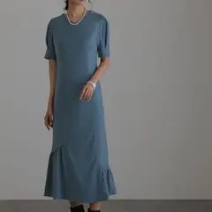 PourVous atlo 袖あり ロングドレス Iライン ミモレ丈 フリル M