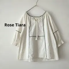 ローズティアラ★カットワークレーススモックブラウス 七分袖 キナリ LL