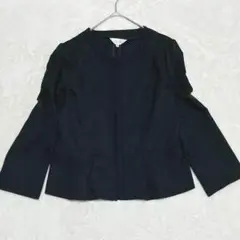 デュベン ノーカラージャケット M 黒 フリル ネイビー 薄手 上品