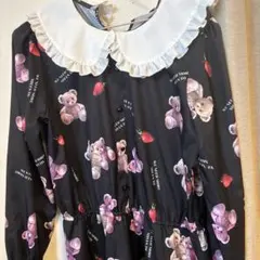 くま柄 いちご柄 フリル襟 ワンピース ブラック