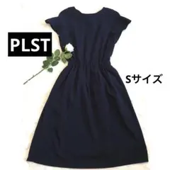 PLST ネイビーウエストゴムワンピースひざ下丈Sサイズ袖フリル♡リネンライク