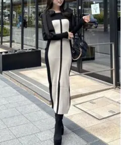 rienda バイカラーオフショルリボンニットワンピース ベージュ