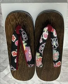 レディース 下駄 24cm 木製 黒 花柄
