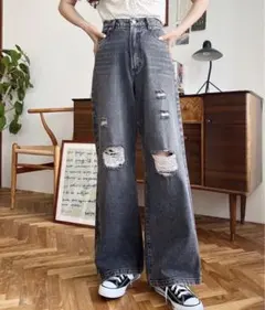 デニムパンツ　ダメージデニム　ワイドパンツ　ディーホリック　ザラ　マウジー　ビス