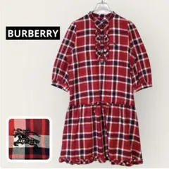 【美品】BURBERRYブルーレーベル✨フリルシャツワンピース　赤チェック　刺繍