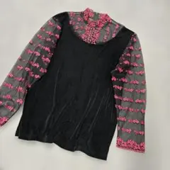 シアートップス　花柄　レース　重ね着　とろみ　胸元オープン　フェアリーグランジ