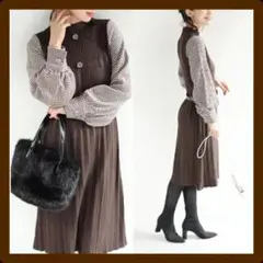 ★送料無料★未使用✨French pave　千鳥格子袖 プリーツ ニット ワンピ