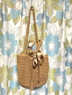 リボン付き カゴバッグ トートバッグ 巾着タイプ 大容量 夏バッグ 美品