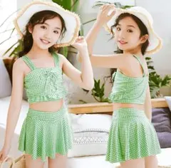 【新品未使用】セパレート 水着 グリーン 130-140cm女の子 チェック柄