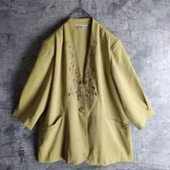 【ヴィンテージ】古着 ジャケット 花柄 刺繍 ワンカラー 黄緑 レトロ