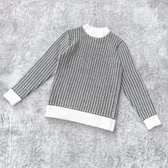 美品 チェック柄ニットセーター【S】長袖 白 黒 綺麗めカジュアル きれい色