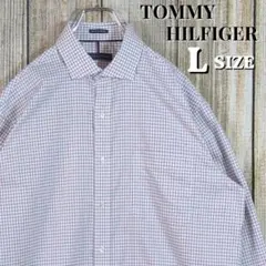 トミーヒルフィガー ノンアイロン 長袖 チェックシャツ L 白 ドレスシャツ