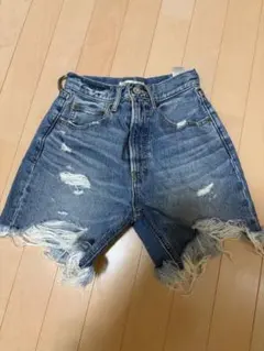 MOUSSY ダメージ加工 ハイウエストショートパンツ デニムブルー