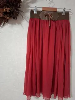 one way シフォン ロング スカート 赤 プリーツ M Y2K
