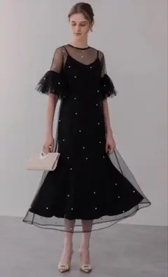 leja ティアードフリルスリーブパールワンピースドレス　Mサイズ