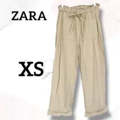 ザラ　ワイドパンツ　XS　美品　くしゅくしゅ　ロールアップ　ハイウエスト　リボン