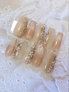 ベージュ系花装飾ネイルチップ10個セット