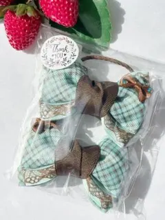 チョコミント　レース　リボンヘアゴム 2個セット ハンドメイド　B-94