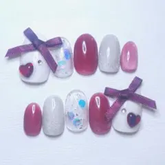 【No.159】ネイルチップ ショートオーバル リボン ガーリー マグネット