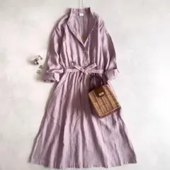 美品▲アーバンリサーチドアーズ リネン ワンピース ウエストリボン 春夏 紫