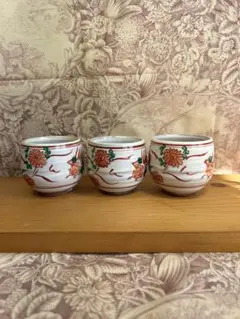 赤絵 花柄 鳳凰 孔雀 陶器 湯飲み 未使用品 3個セット