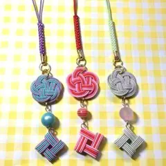 水引風車&梅結びストラップ　アクアミント、赤桃グラデ、ミントライラック3個セット