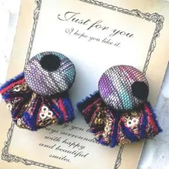 チュール　ボタン　ピアス　イヤリング　リボン　ドット　青　ゴールド　リバティ