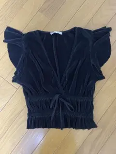 ZARA フリル袖ベロアリブトップス