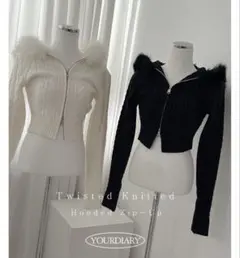 フード付きニットジップアップ（ホワイトorブラック）