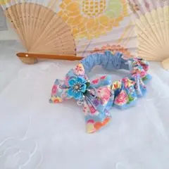 カリン様専用、幅広シュシュ、和風夏浴衣(濃いピンク朝顔)わんちゃん猫