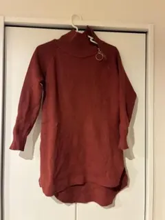 長袖 ニット セーター タートルネック ロング丈 赤 朱色 デザインニット M