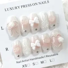 現品୨୧韓国ガーリーネイルチップ　桃ピンク　ラメ　チーク　薔薇レース　バレリーナ