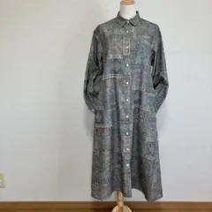 着物リメイク＊大島紬シャツワンピース＊前開き　パフスリーブ